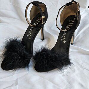 DEleventh black ankle strap heeled sandal feathers stiletto open toe 42 10.5